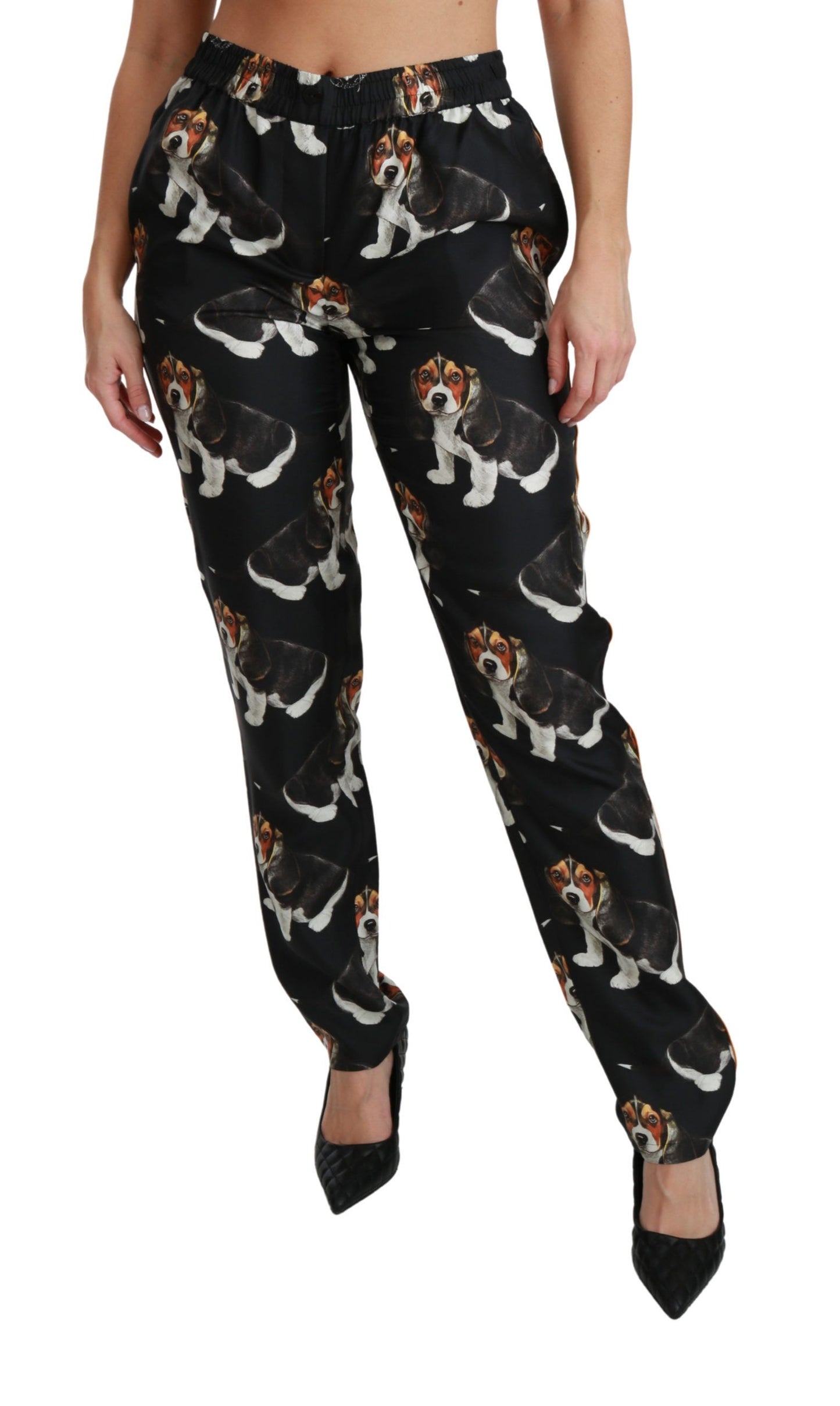 Pantaloni eleganti in seta con stampa di cuccioli di cane