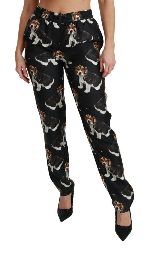 Pantaloni eleganti in seta con stampa di cuccioli di cane