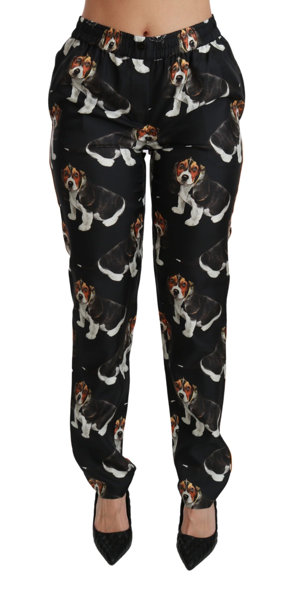 Pantaloni eleganti in seta con stampa di cuccioli di cane