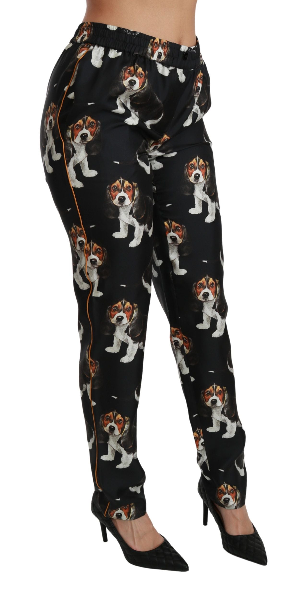Pantaloni eleganti in seta con stampa di cuccioli di cane