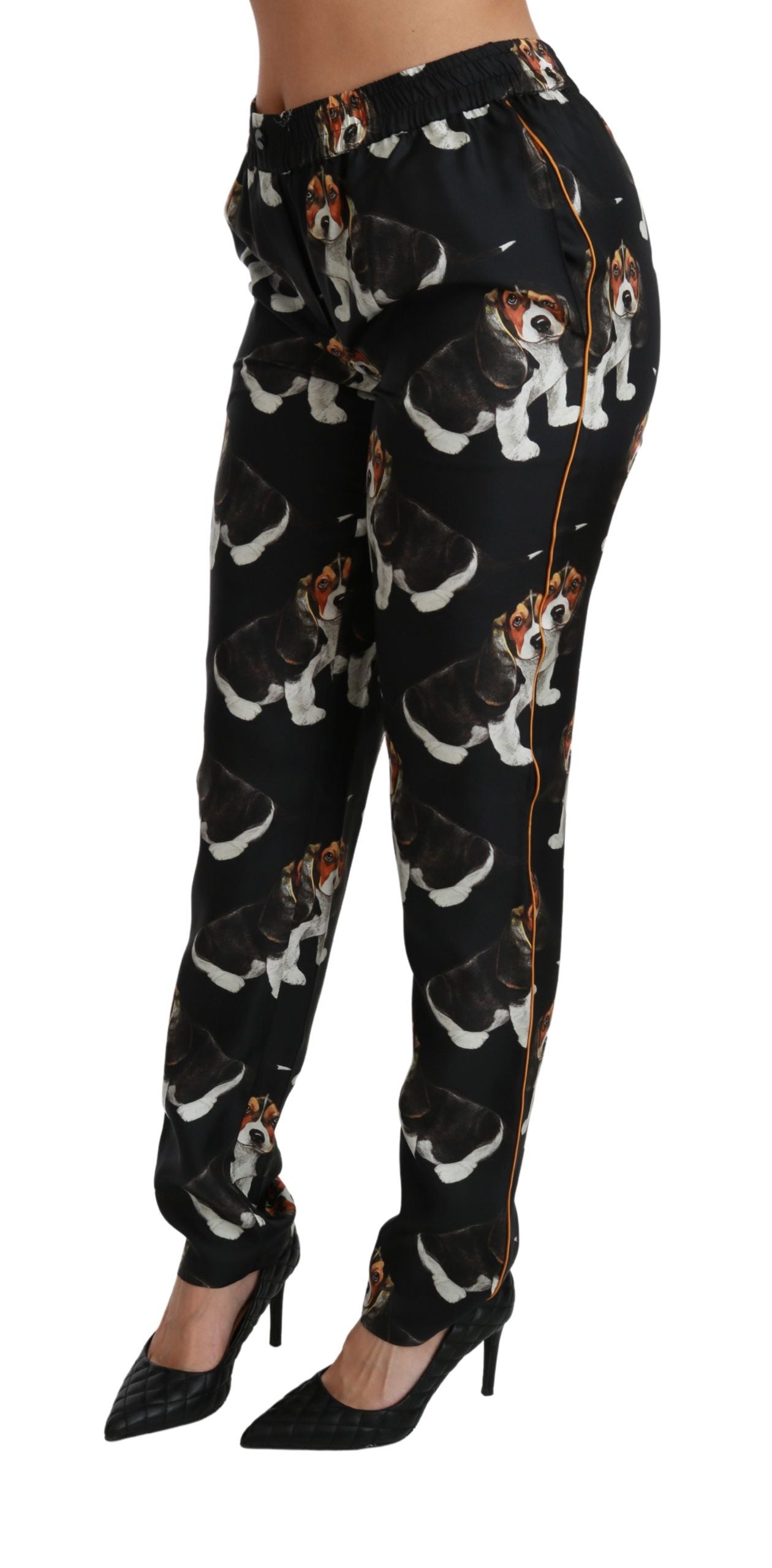 Pantaloni eleganti in seta con stampa di cuccioli di cane
