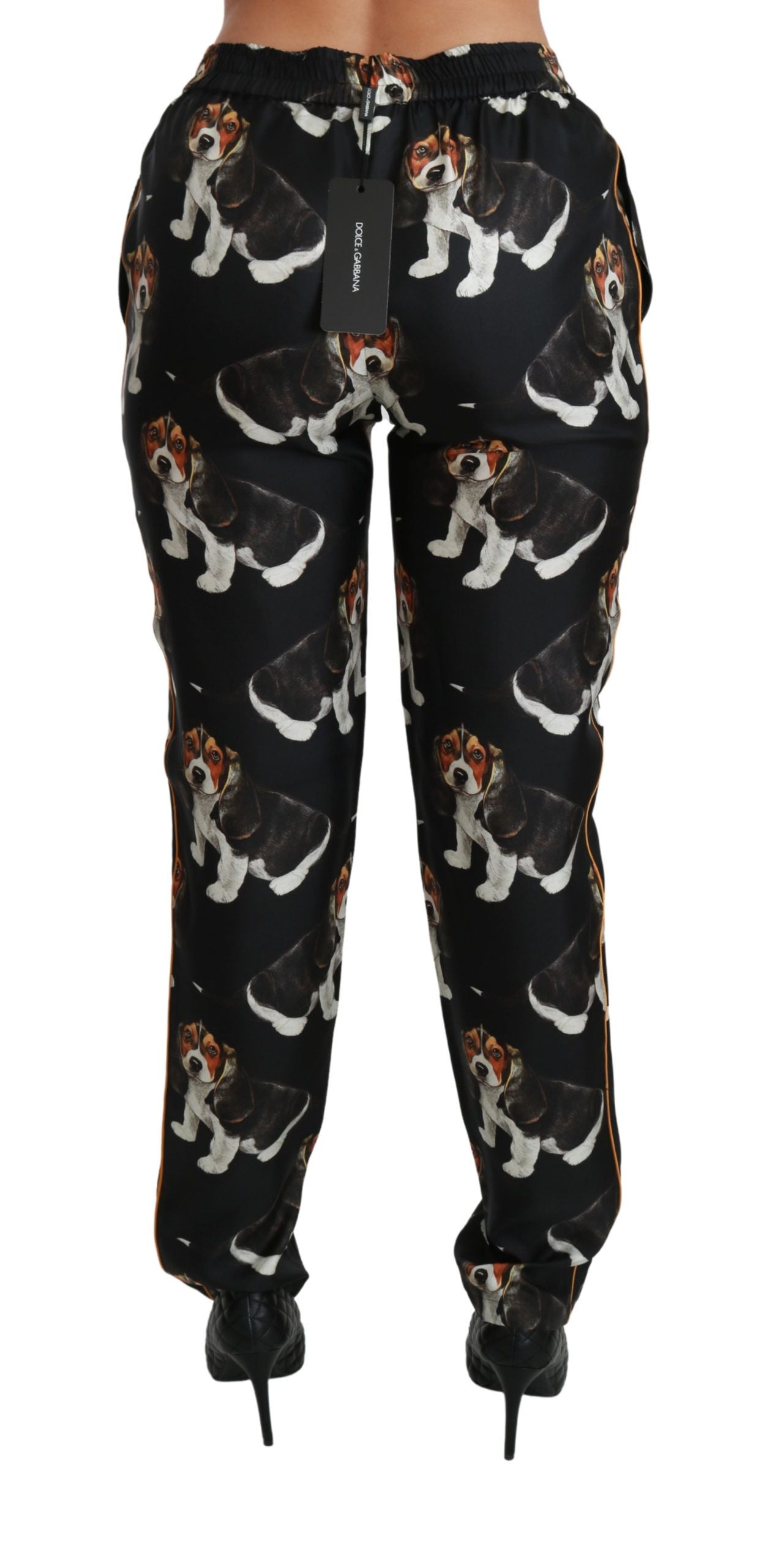 Pantaloni eleganti in seta con stampa di cuccioli di cane