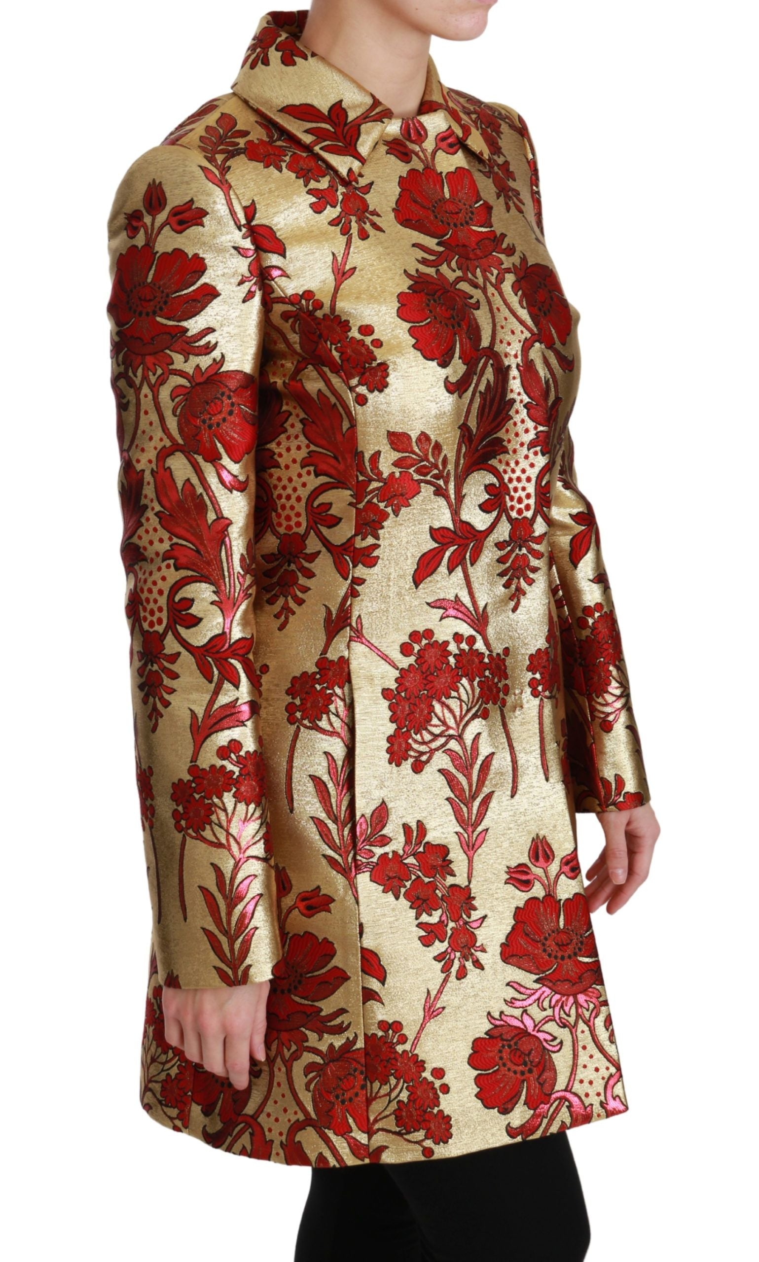 Elegante trench in broccato floreale dorato