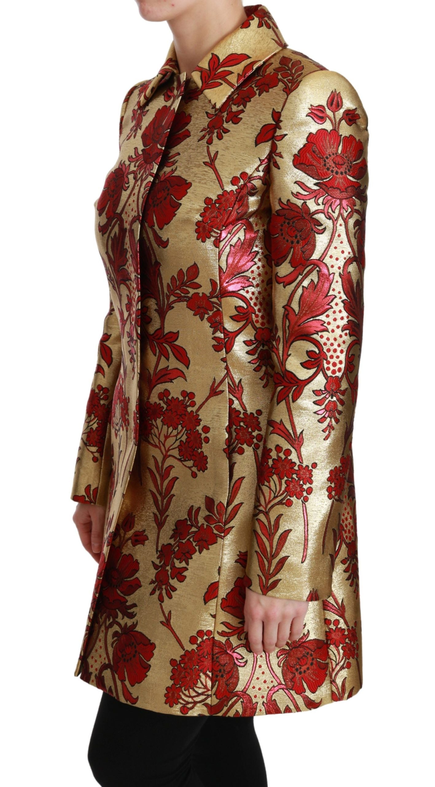 Elegante trench in broccato floreale dorato
