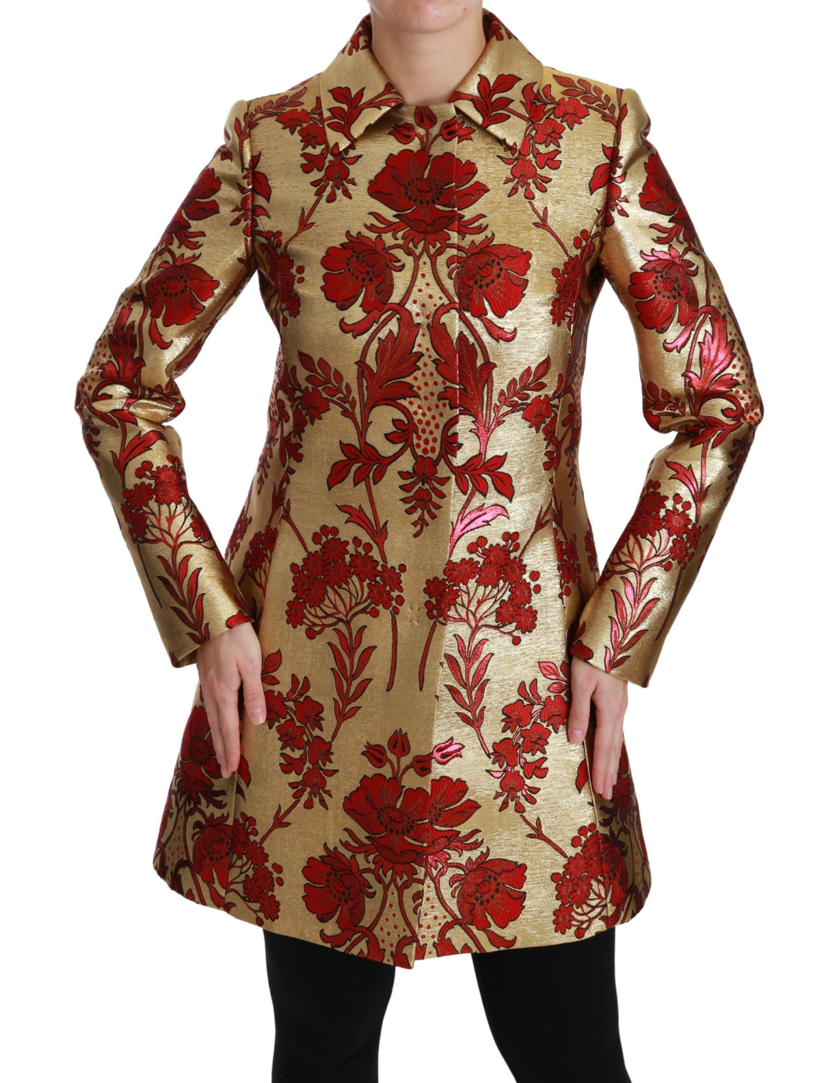 Elegante trench in broccato floreale dorato