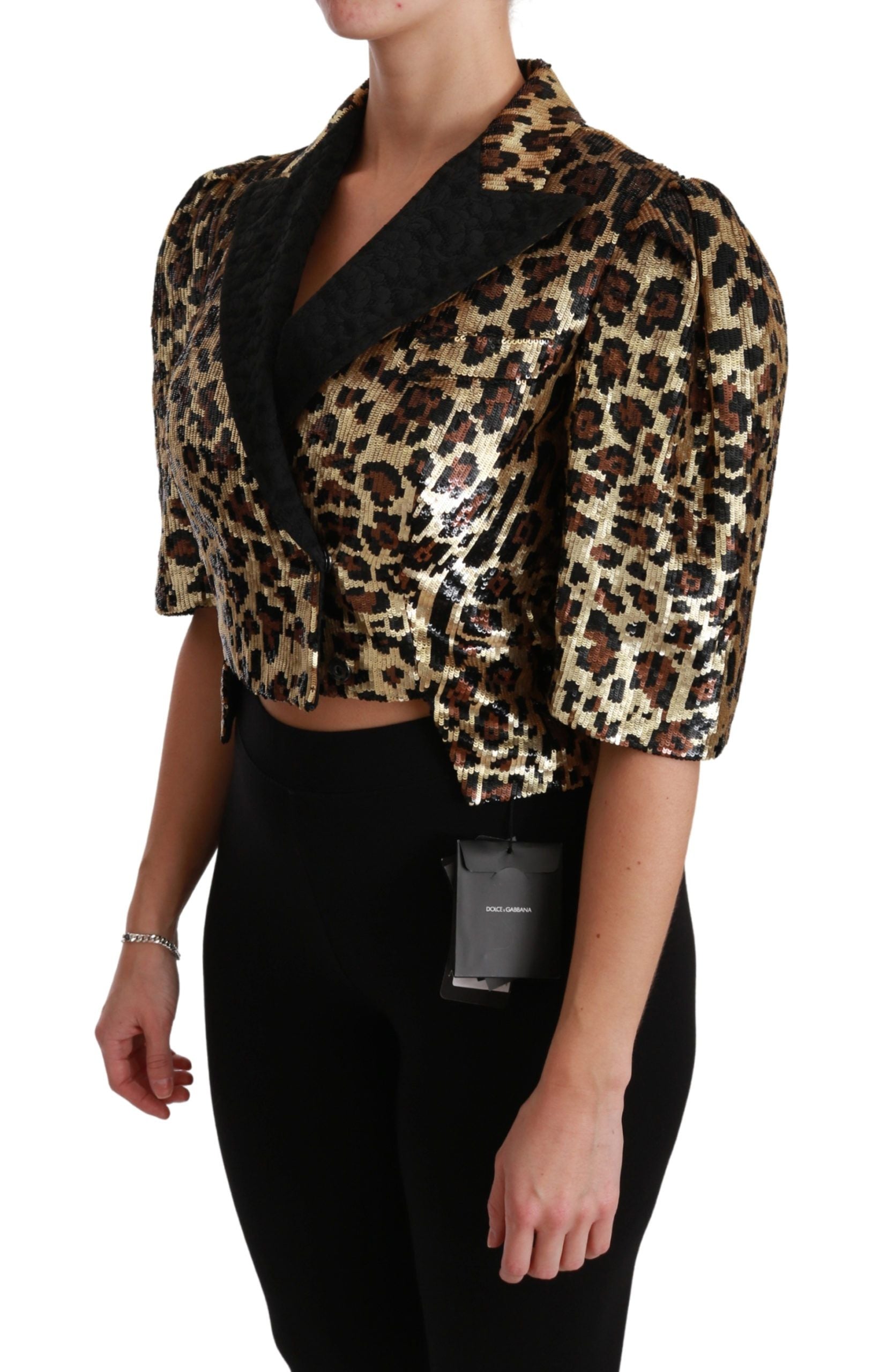 Blazer a maniche corte con stampa leopardata dorata
