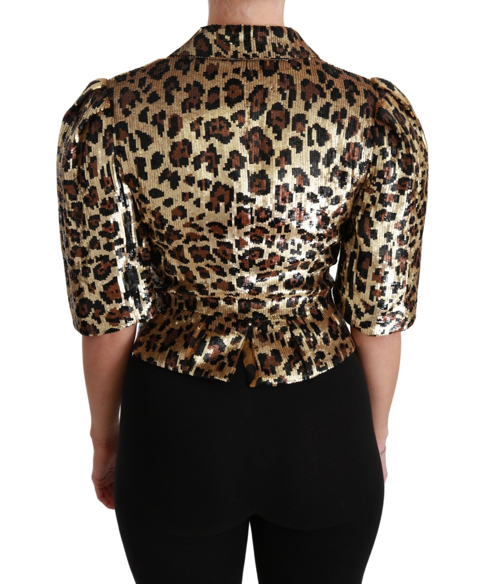Blazer a maniche corte con stampa leopardata dorata