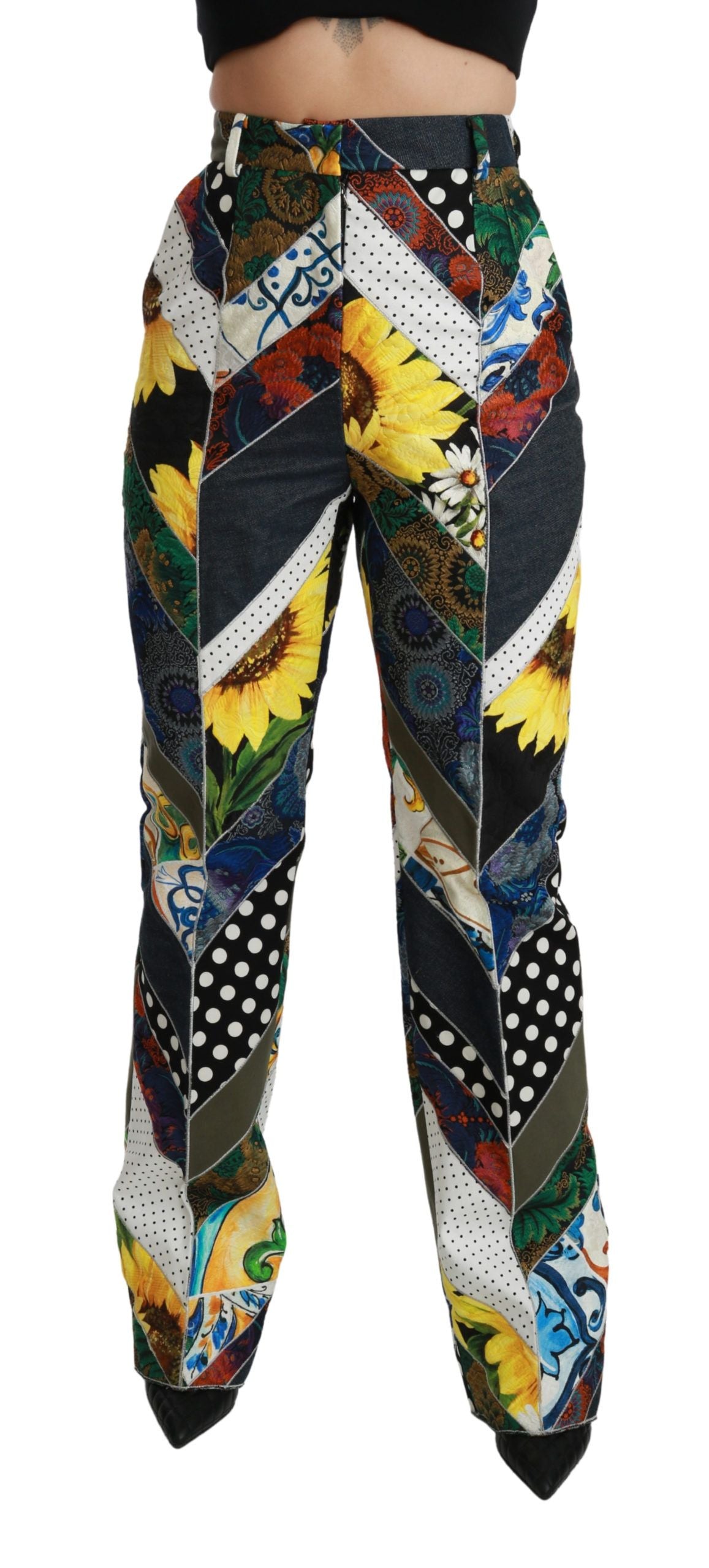Elegante, mehrfarbige, gerade Hose mit hoher Taille