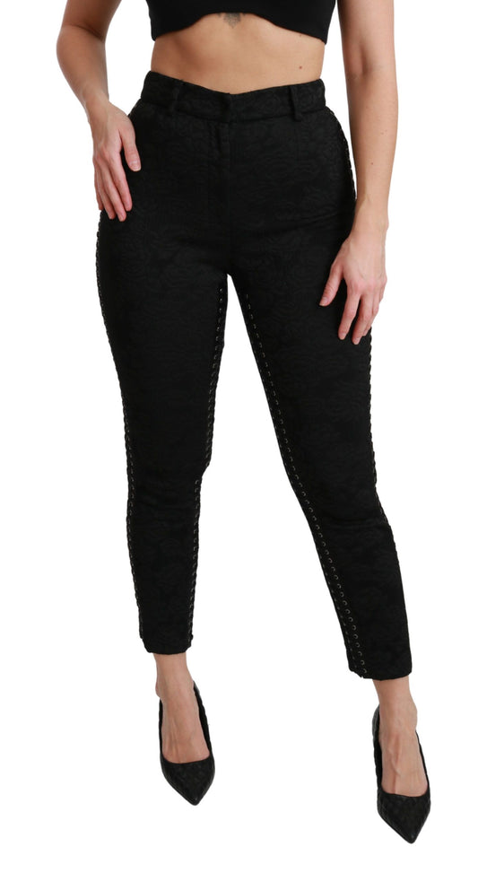 Pantaloni eleganti in broccato nero a vita alta