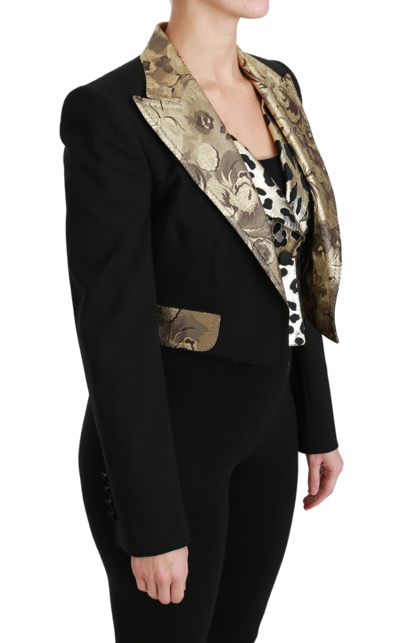 Completo giacca e gilet con motivo floreale nero e oro opulento