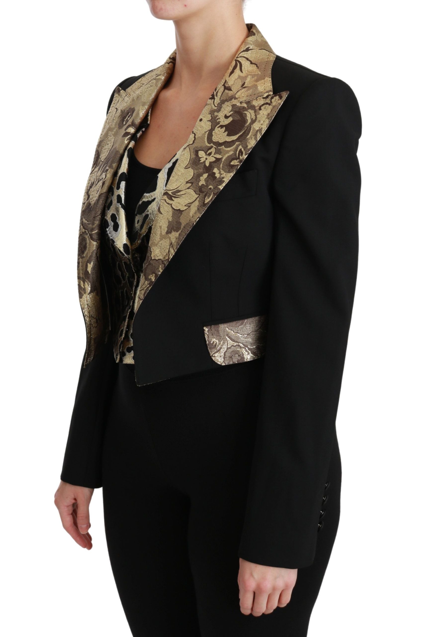 Completo giacca e gilet con motivo floreale nero e oro opulento
