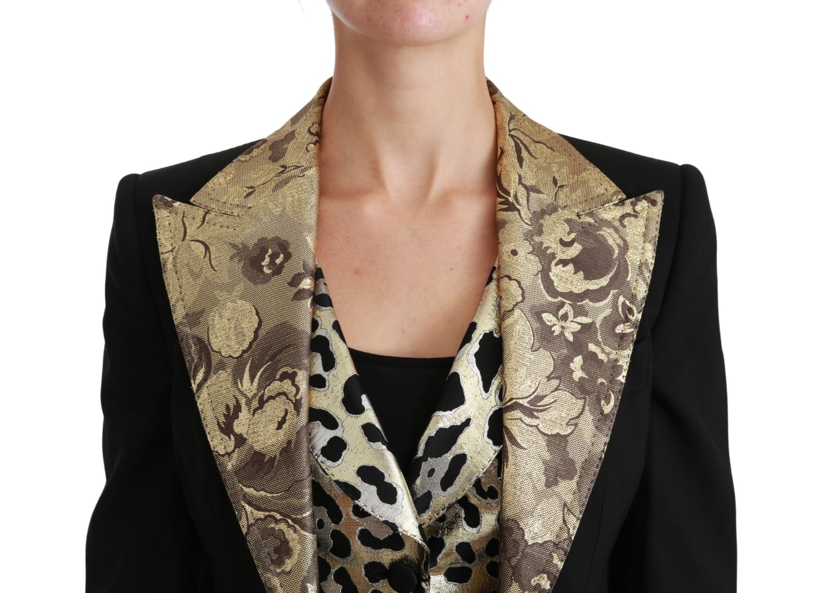 Completo giacca e gilet con motivo floreale nero e oro opulento