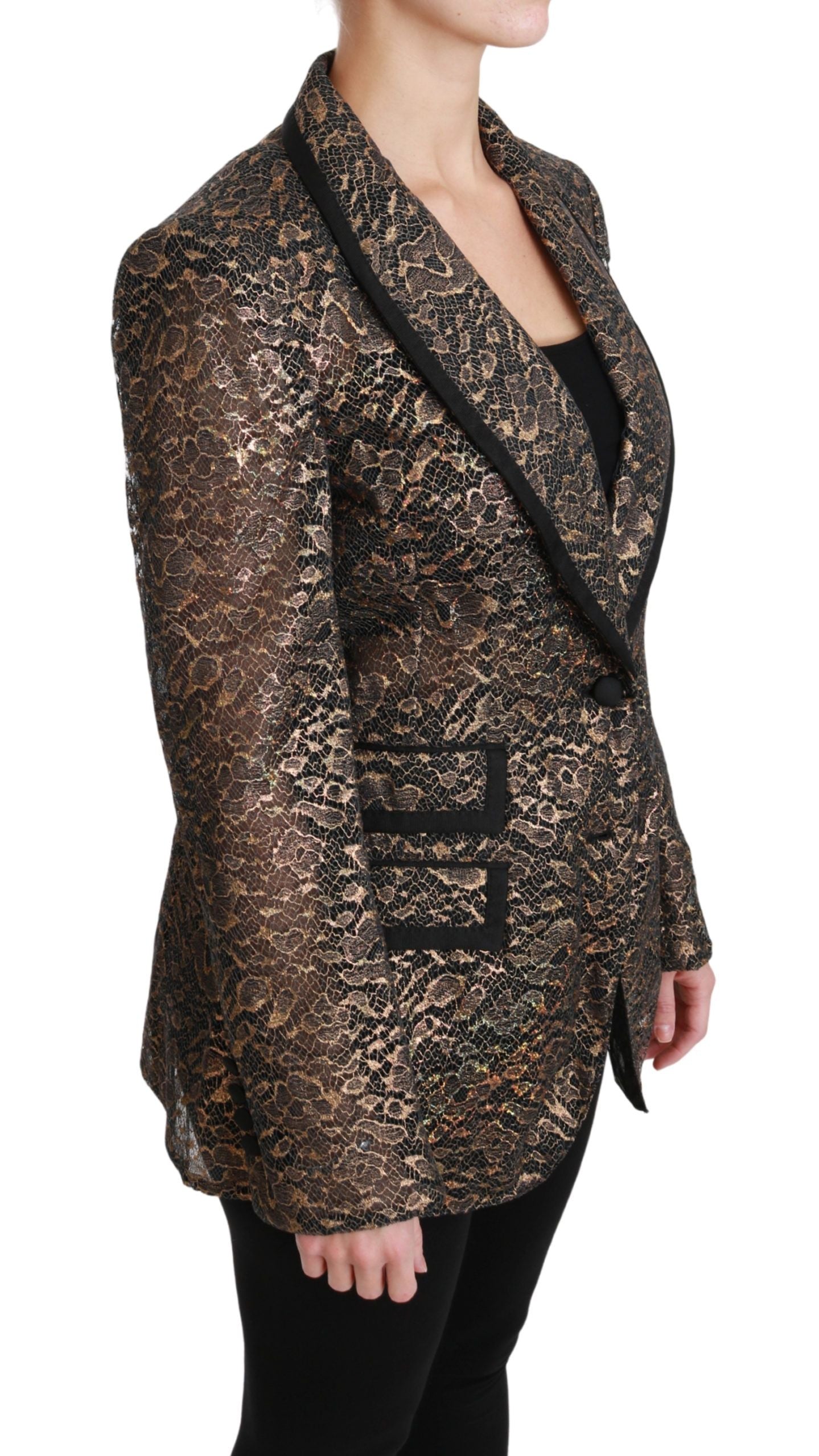 Elegante giacca blazer in pizzo floreale dorato