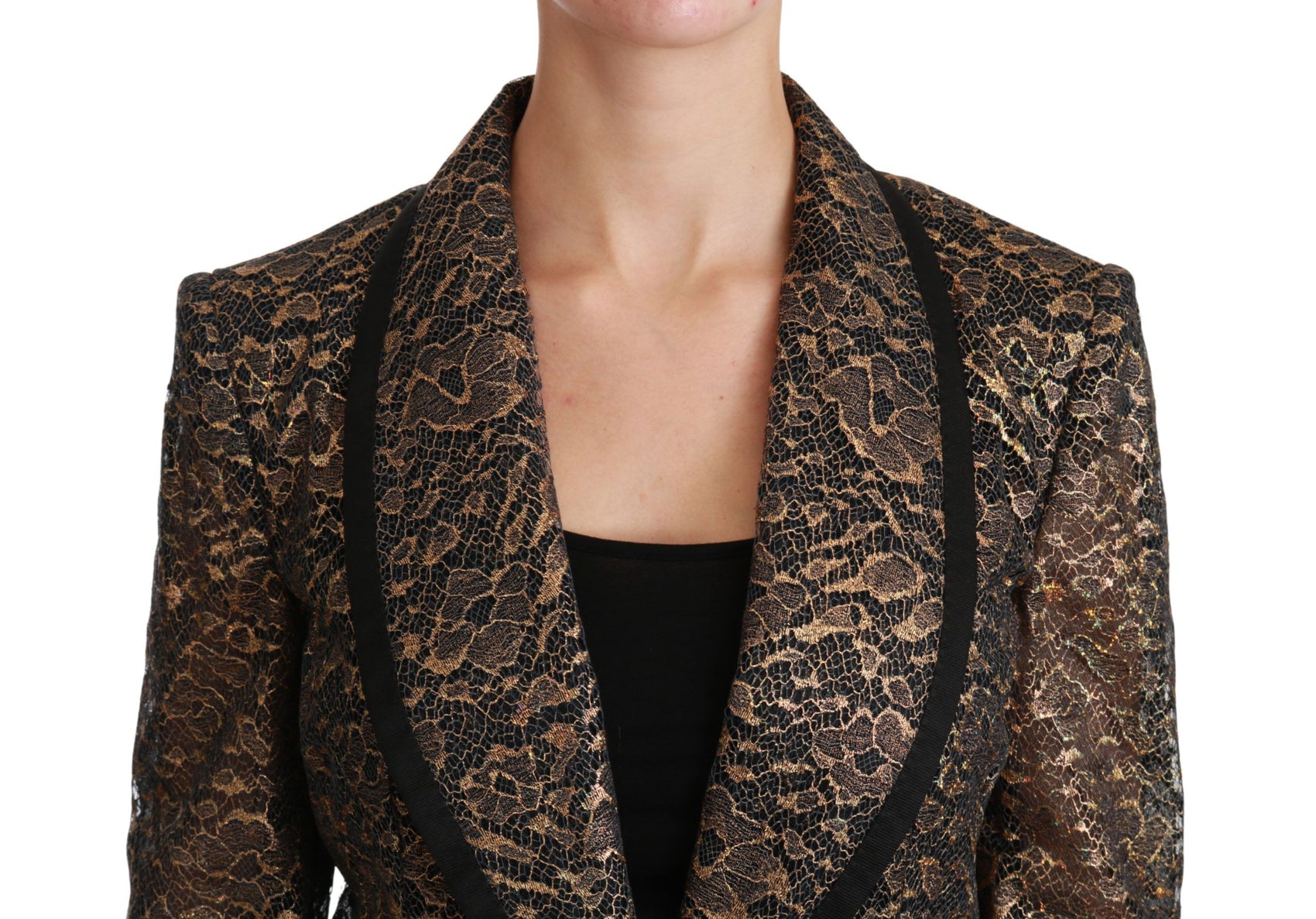 Elegante giacca blazer in pizzo floreale dorato