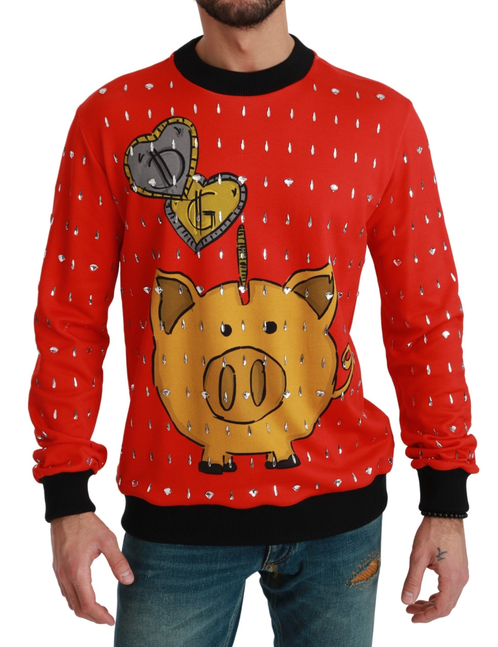 Elegante maglione pullover rosso decorato con cristalli