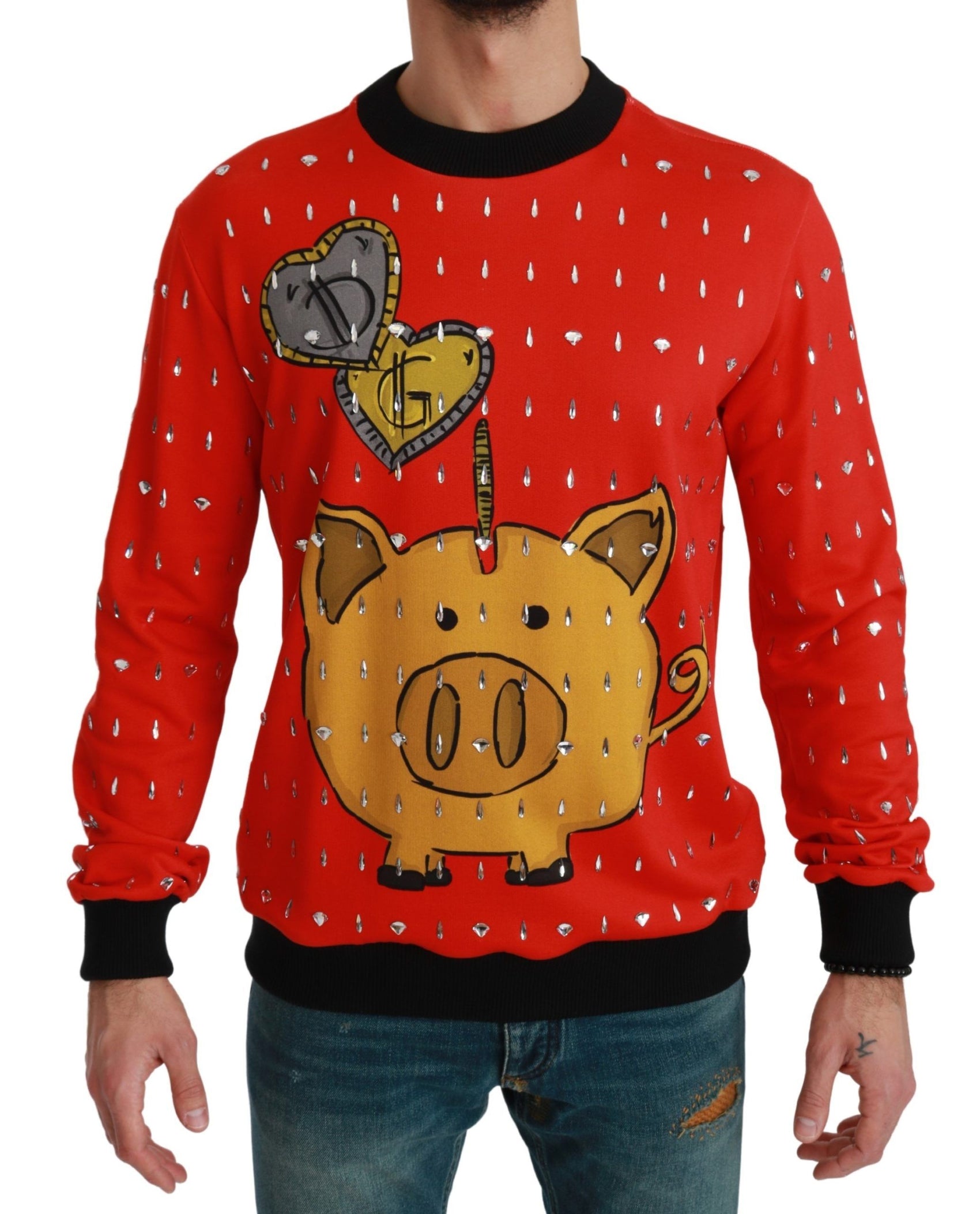 Elegante maglione pullover rosso decorato con cristalli