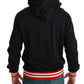 Elegante maglione con cappuccio nero con motivo multicolore