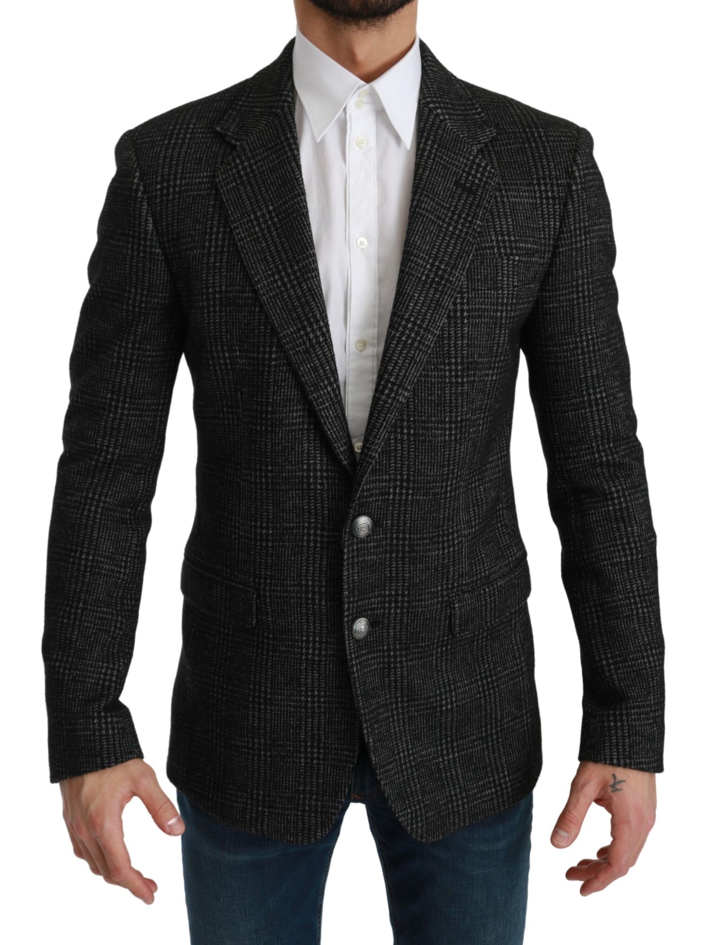 Elegante blazer slim fit a quadri grigi