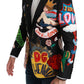 Chic Black Multicolor Motif Slim Fit Blazer