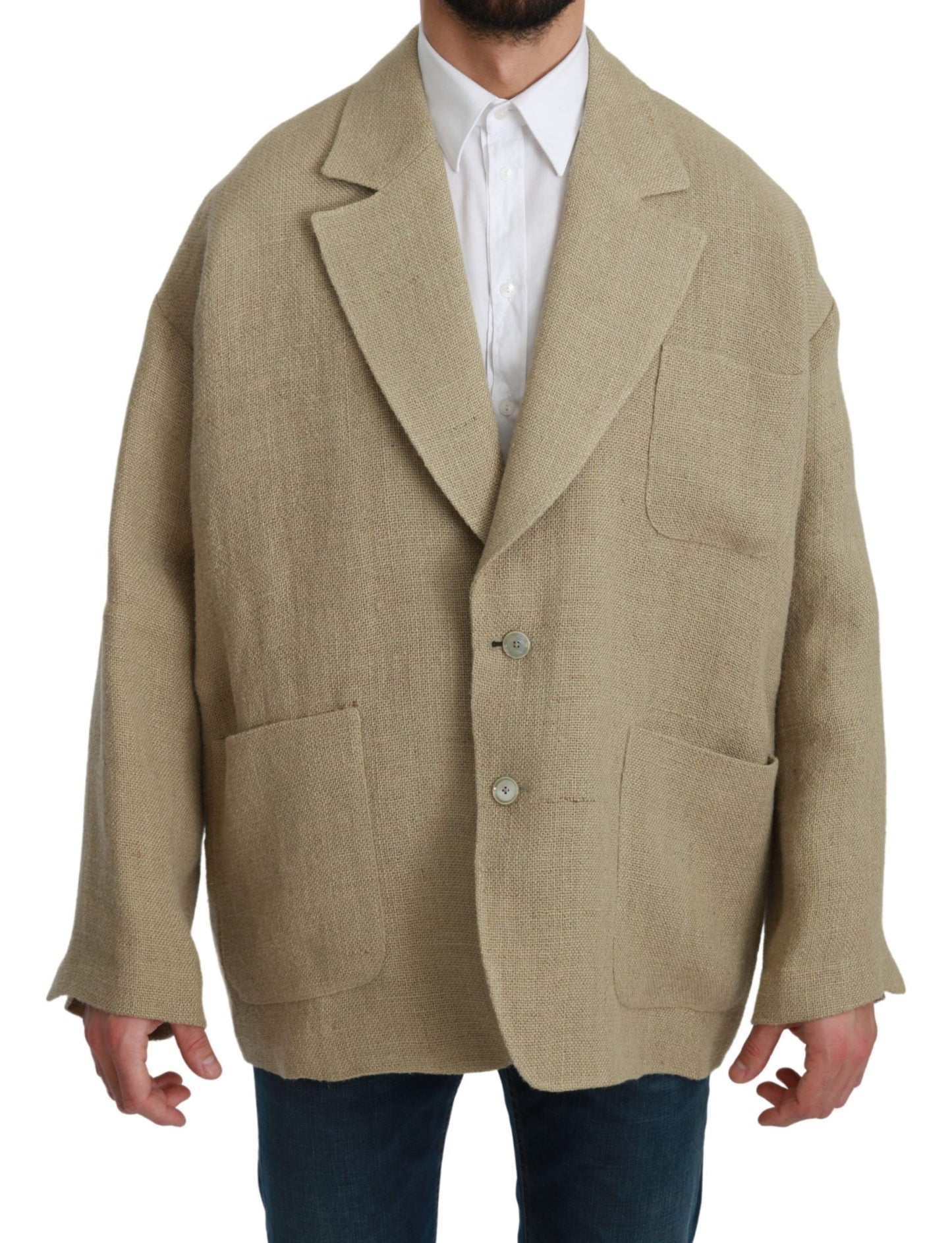 Chic Beige Jute Single-Breasted Blazer