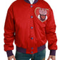 Vibrant Red Bomber Jacket with Multicolor Motif