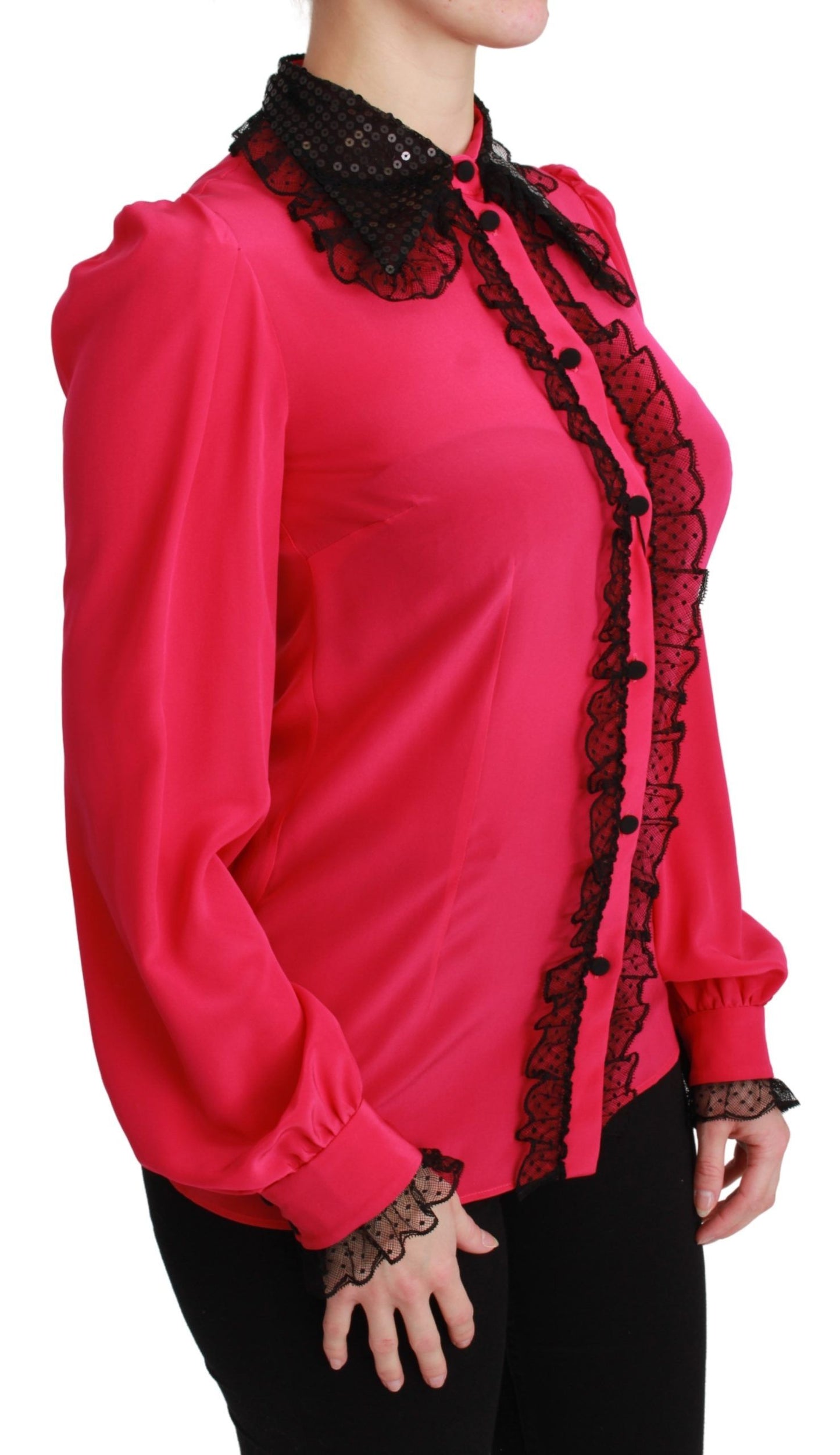 Blusa in misto seta con dettagli in pizzo rosa
