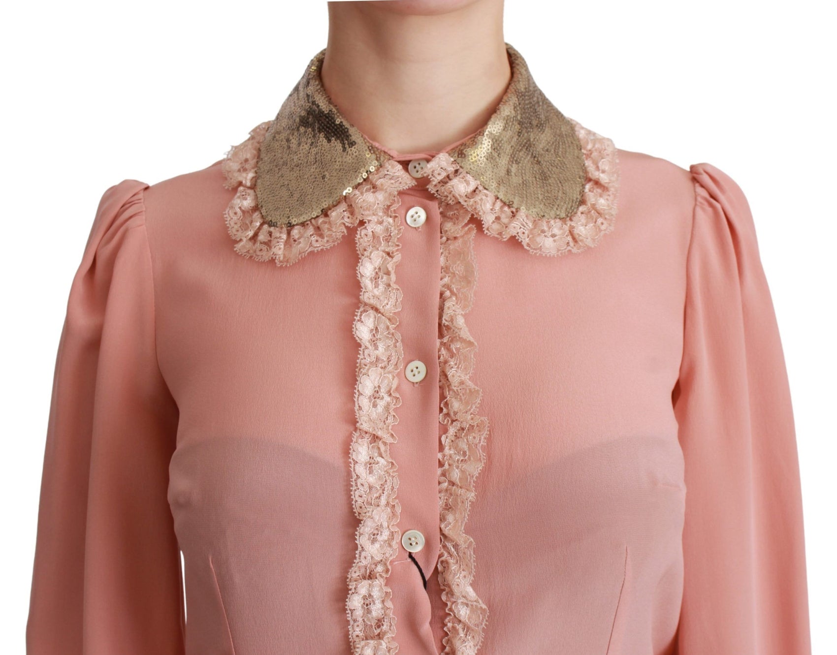 Elegante camicetta in pizzo rosa di seta con paillettes dorate