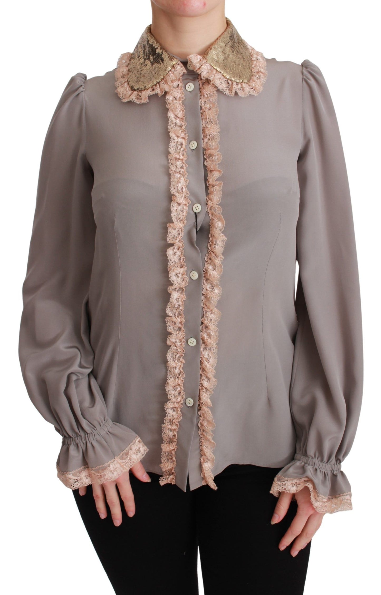 Camicia elegante con colletto in paillettes in misto seta