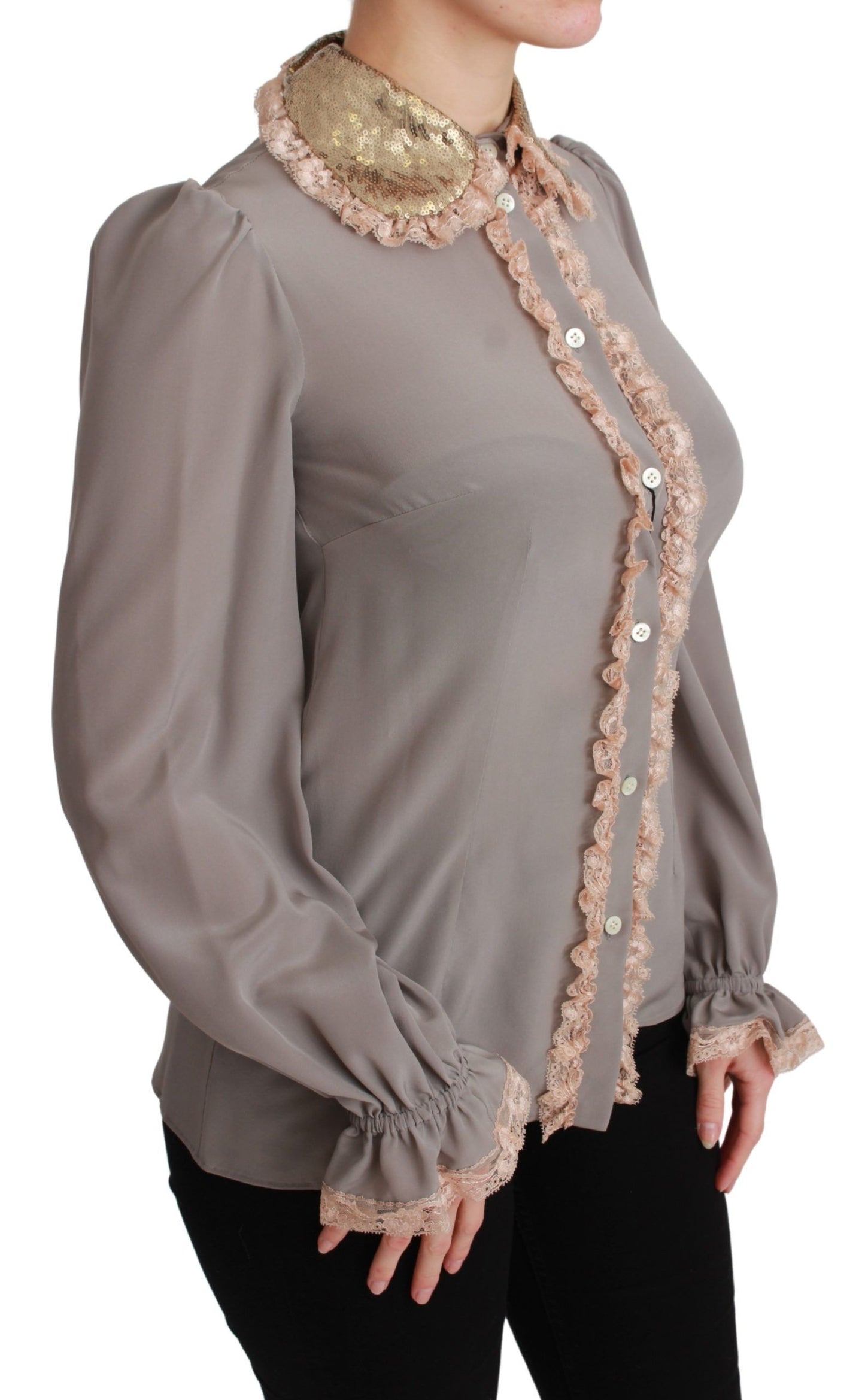 Camicia elegante con colletto in paillettes in misto seta