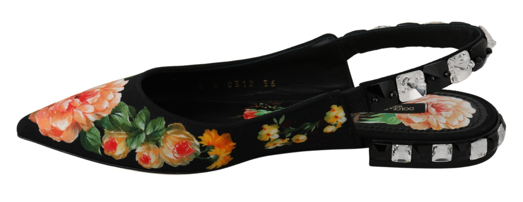 Elegante Ballerinas mit Blumenmuster und Kristallverzierung