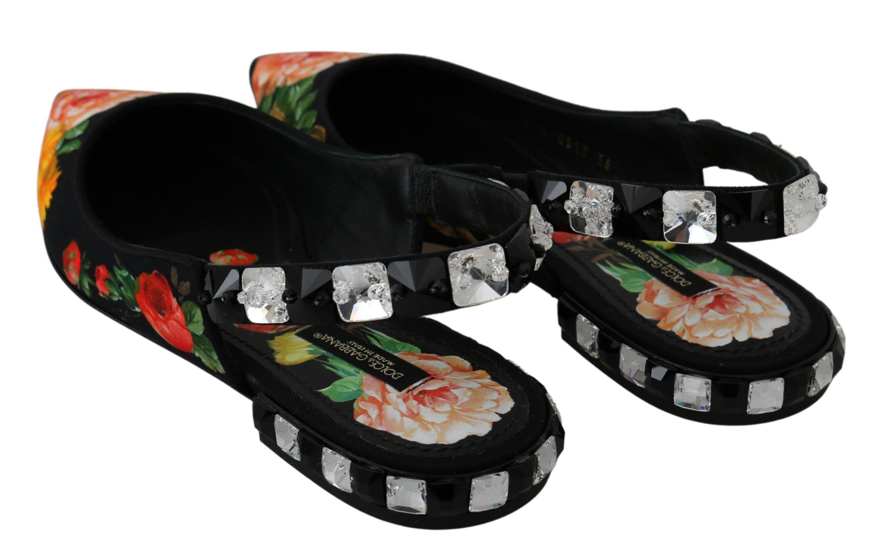 Elegante Ballerinas mit Blumenmuster und Kristallverzierung