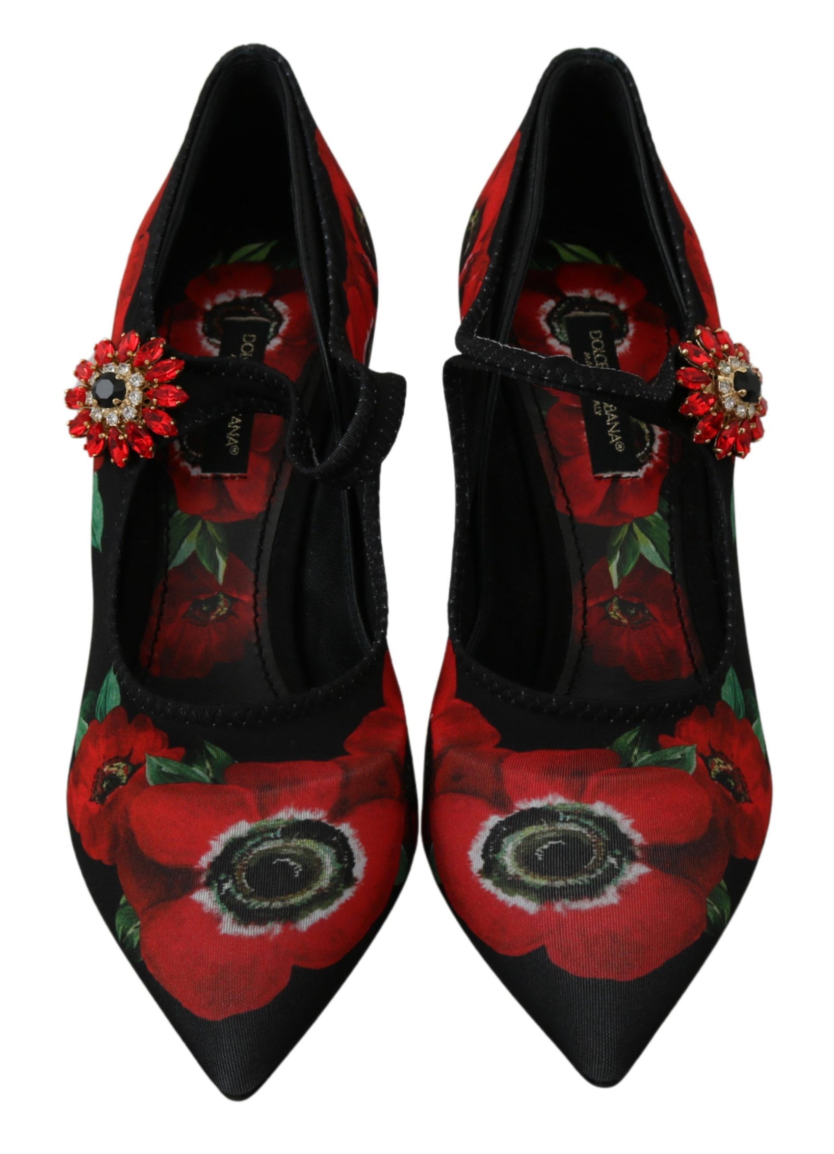 Mary Janes-Pumps mit Blumenmuster und Kristalldetail