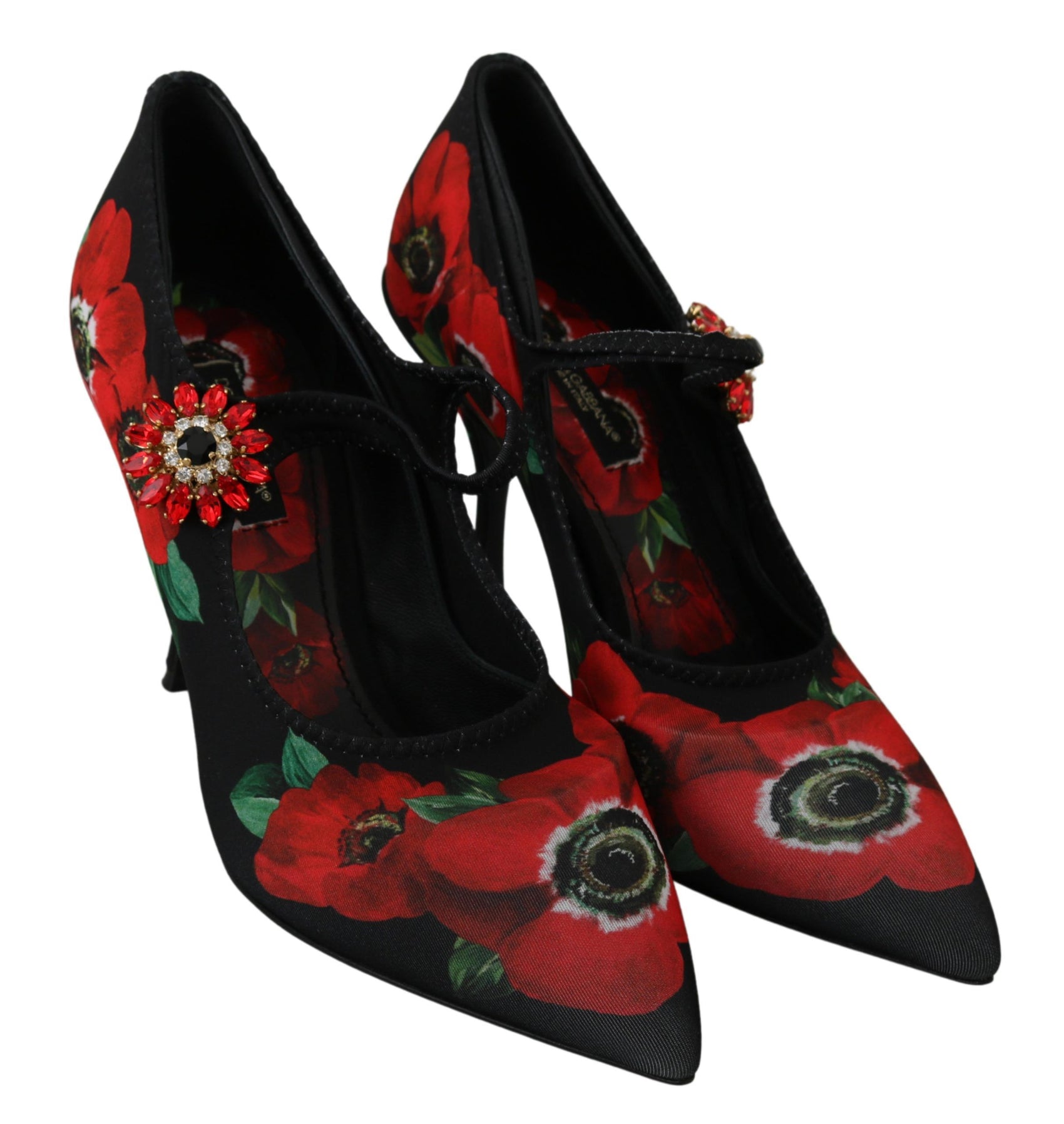Mary Janes-Pumps mit Blumenmuster und Kristalldetail