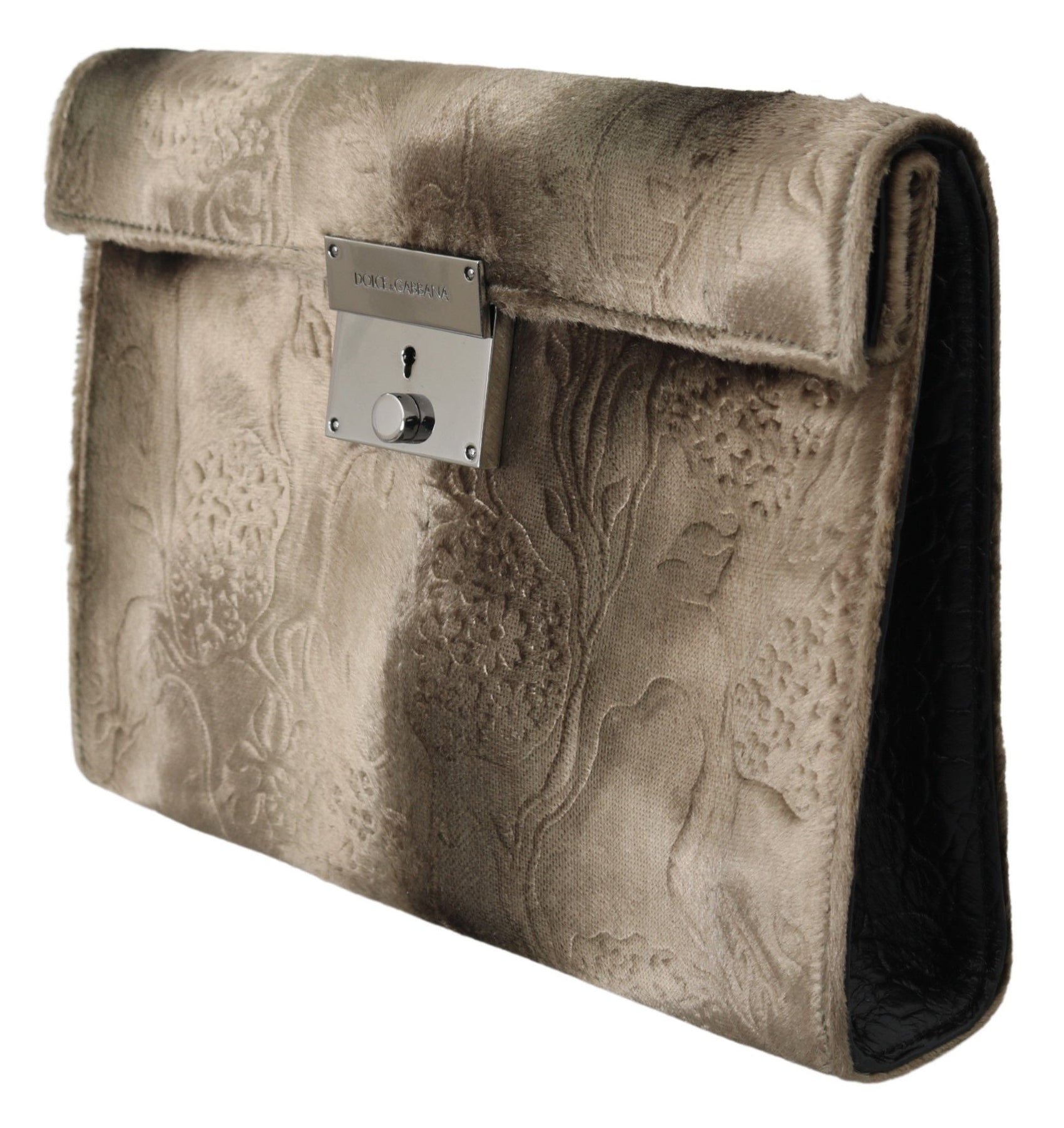 Beige Aktentasche aus Samt und Leder mit Kroko-Print