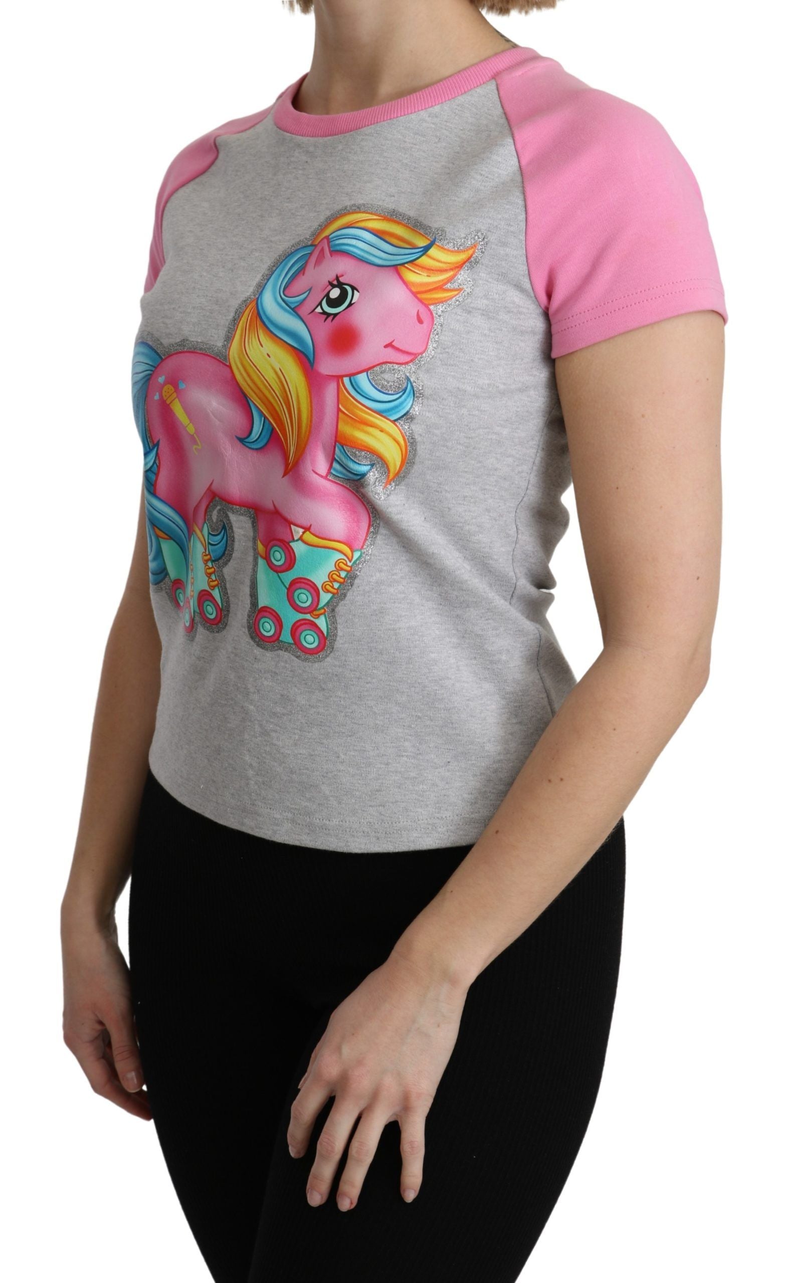 T-shirt girocollo in cotone grigio chic con dettagli rosa