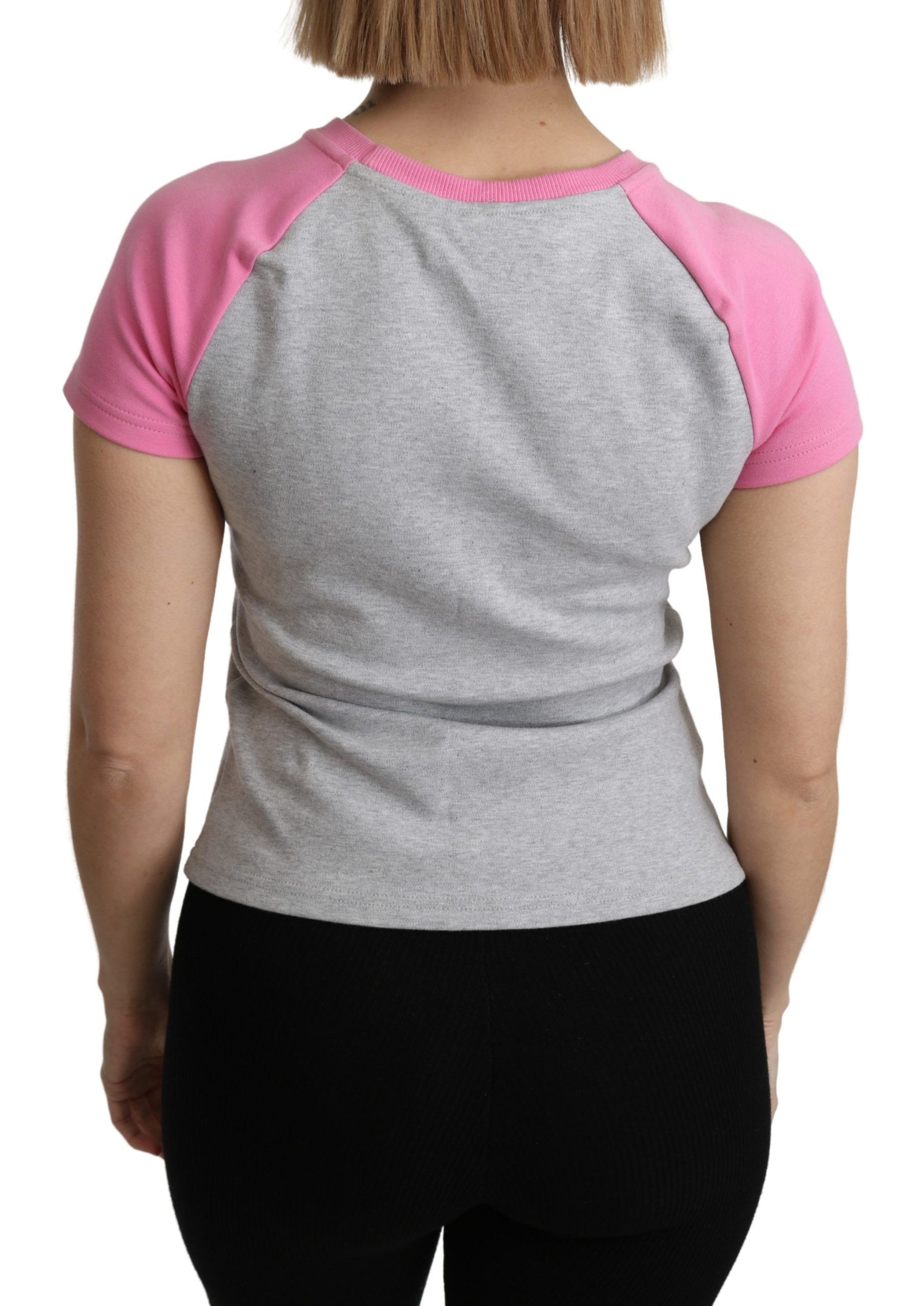 T-shirt girocollo in cotone grigio chic con dettagli rosa