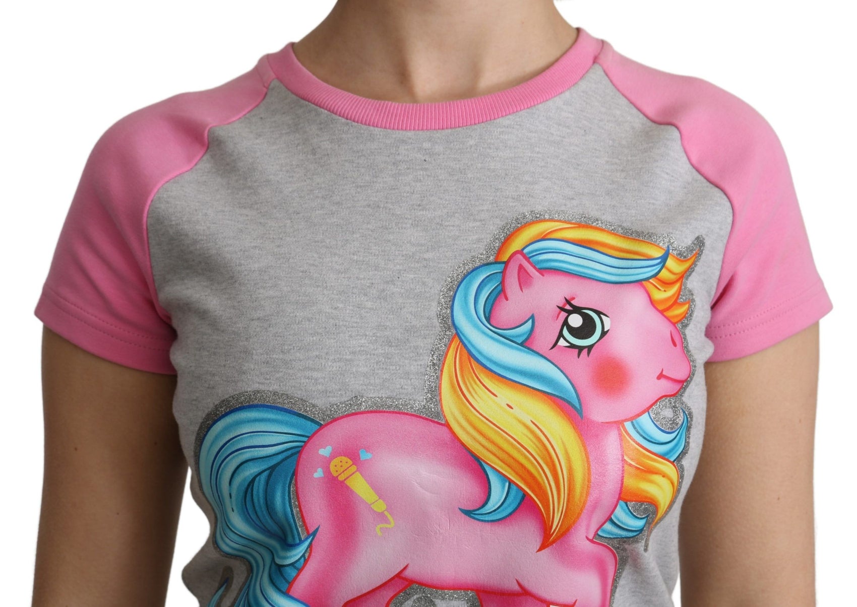 T-shirt girocollo in cotone grigio chic con dettagli rosa