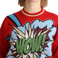 Strahlend roter Kaschmirpullover mit Cartoon-Motiv