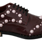 Elegant Bordeaux Lace-Up Flats with Pearls and Crystals