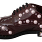 Elegant Bordeaux Lace-Up Flats with Pearls and Crystals