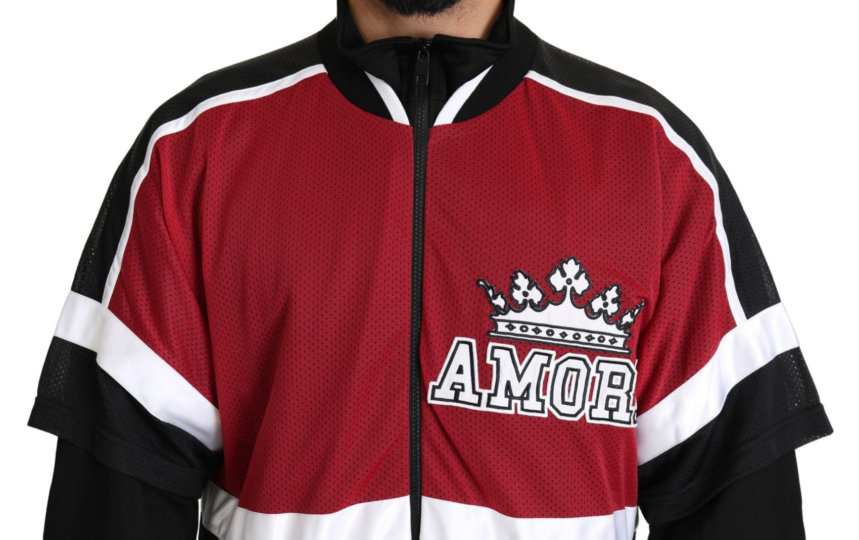 Elegante maglione con cerniera completa in nero e rosso