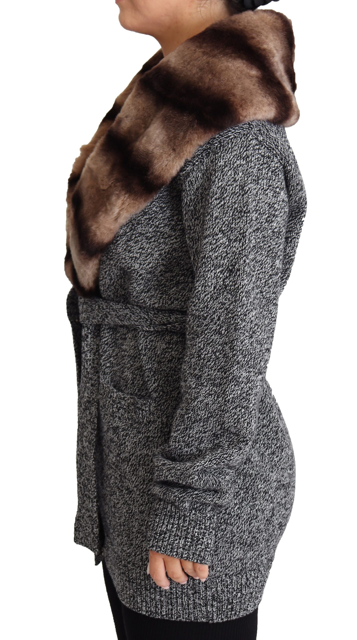 Elegante cardigan in cashmere con collo in pelliccia di coniglio