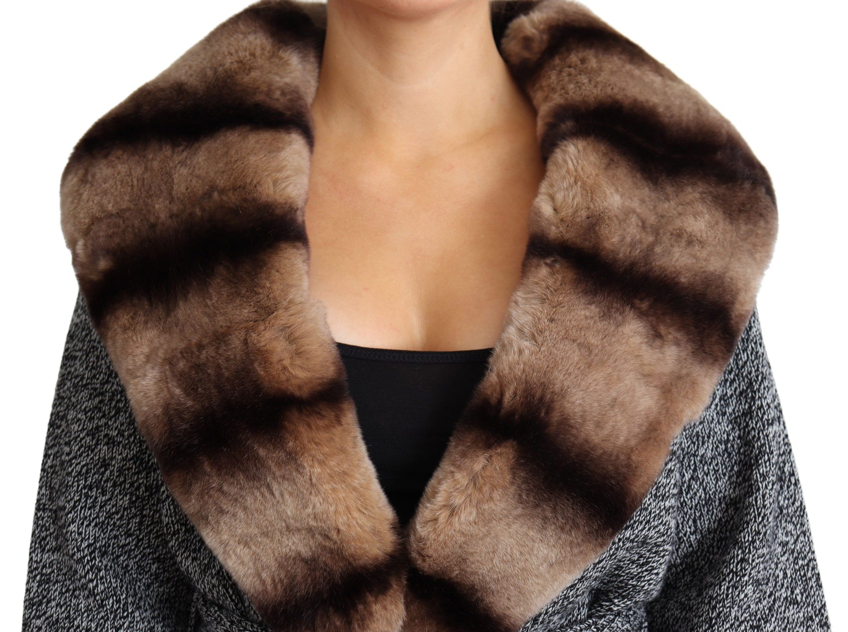 Elegante cardigan in cashmere con collo in pelliccia di coniglio