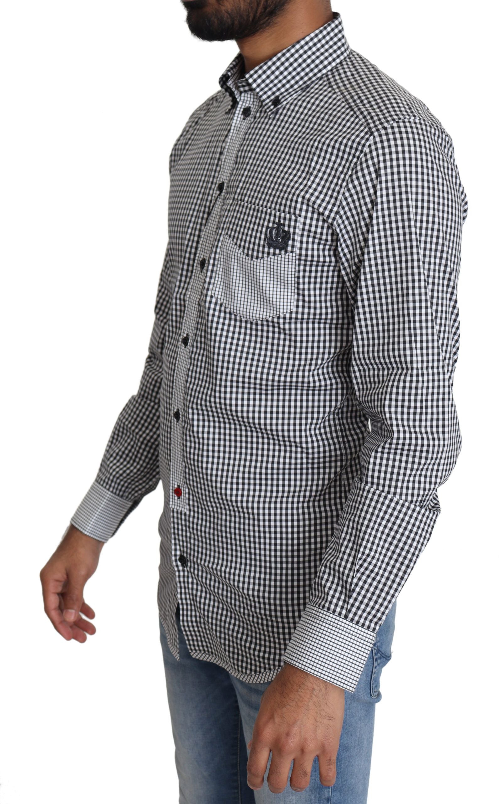 Elegante camicia casual a quadri bianchi e neri in oro