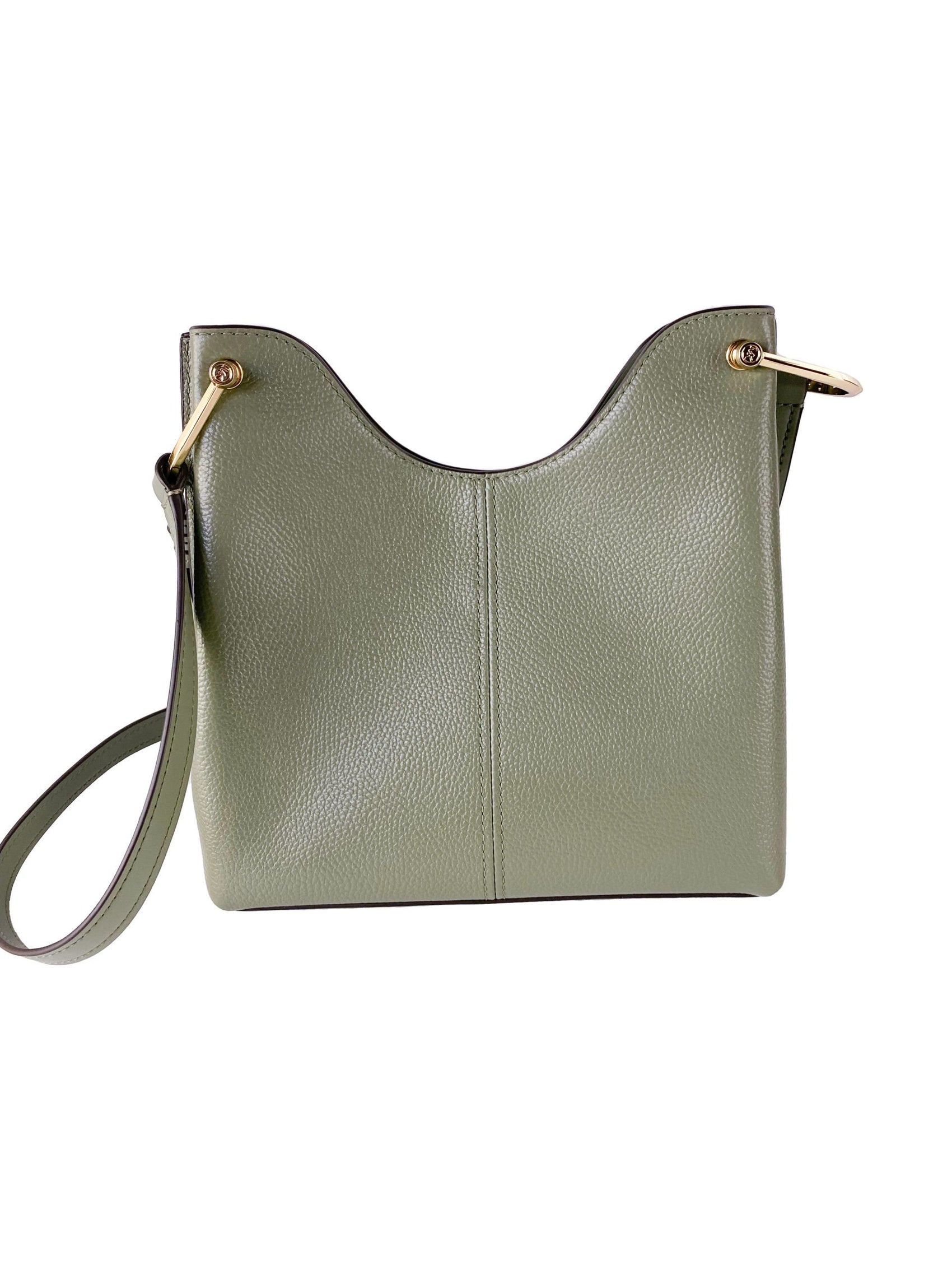 Joan Große, lässige Messenger-Handtasche aus perforiertem Wildleder (Armeegrün)