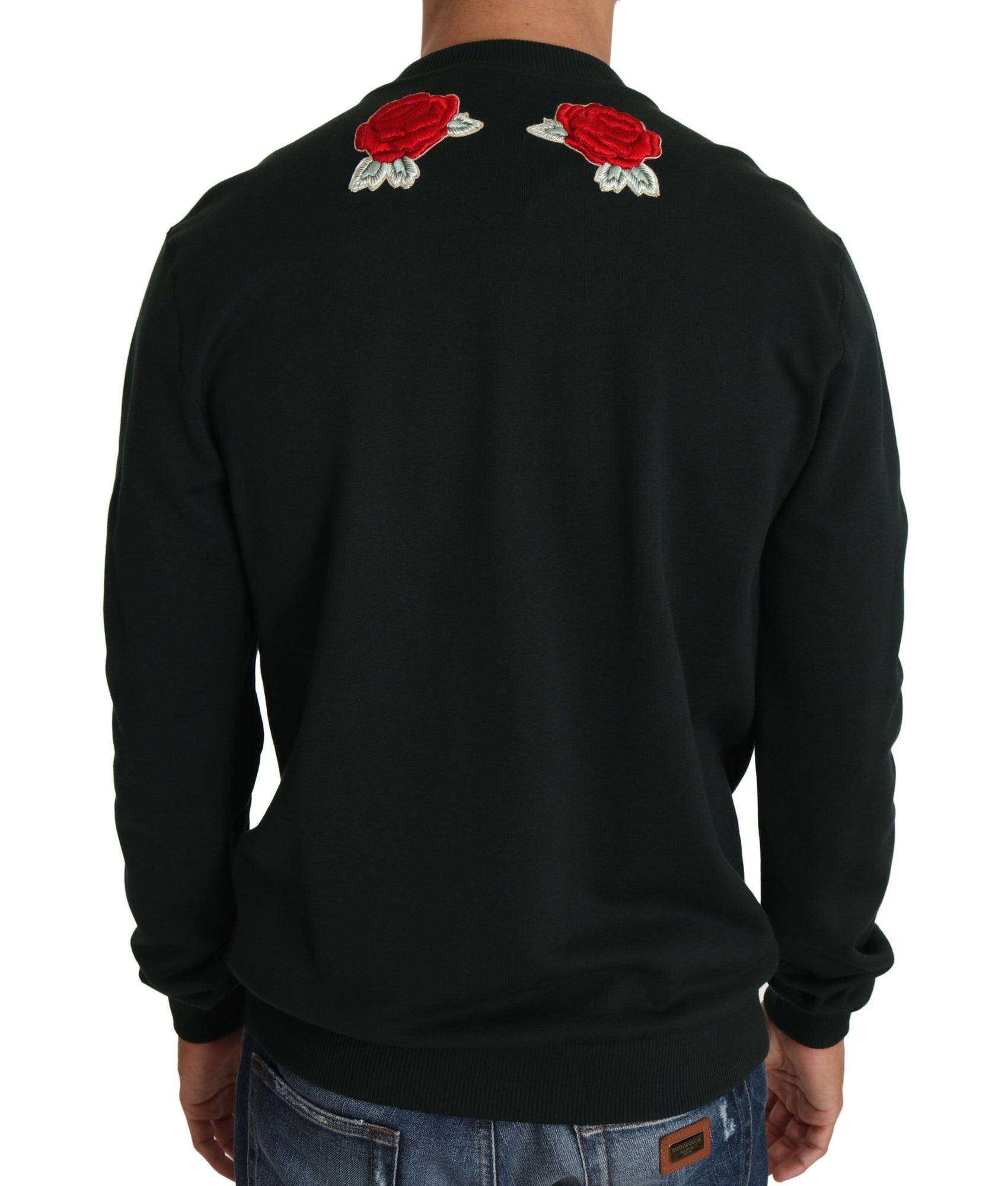 Smaragdgrüner Baumwollpullover mit Kristallstickerei