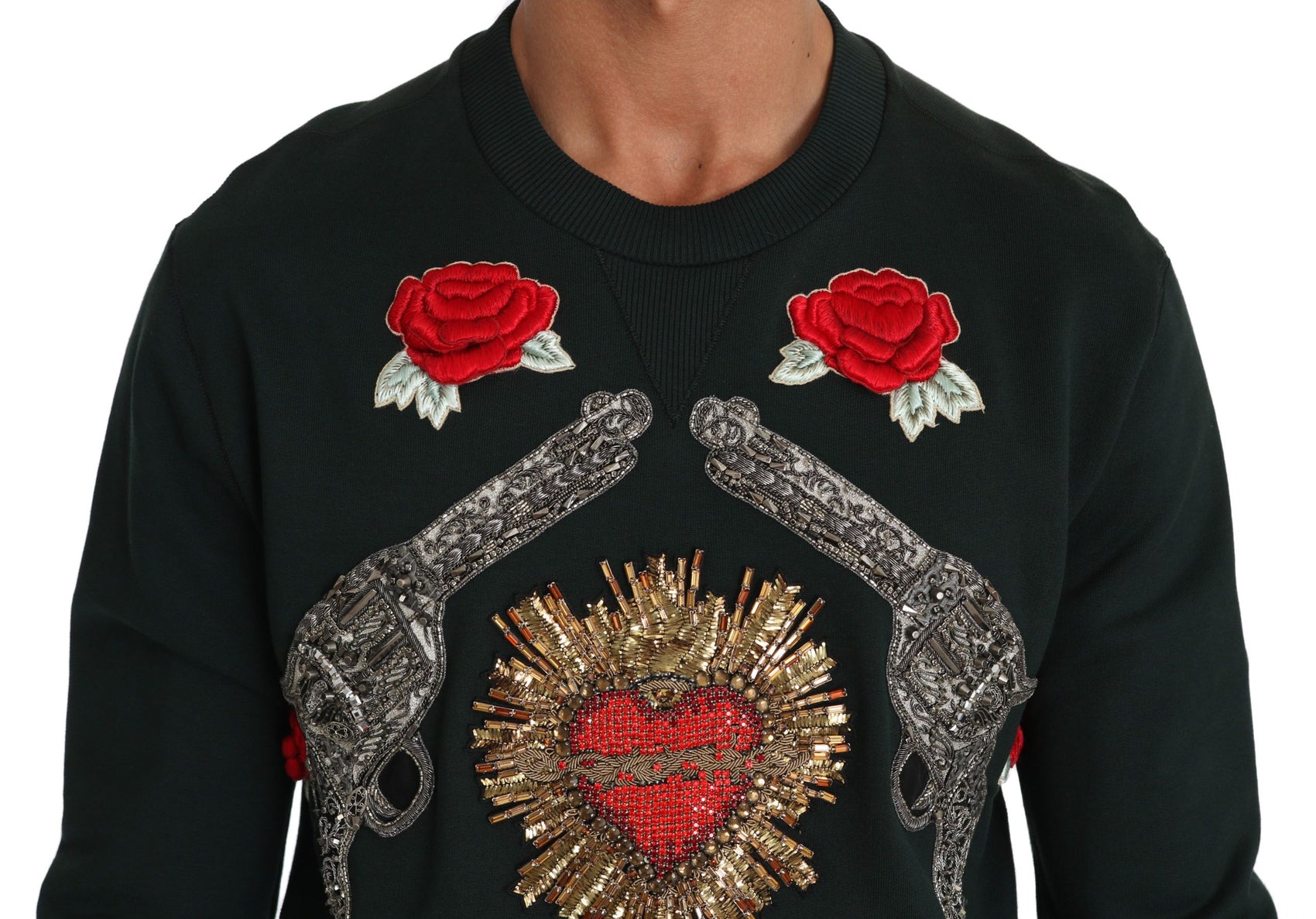 Smaragdgrüner Baumwollpullover mit Kristallstickerei