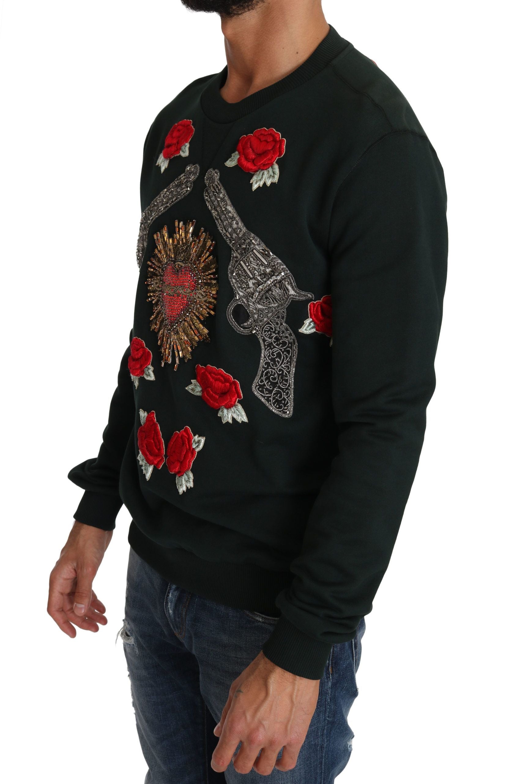 Smaragdgrüner Baumwollpullover mit Kristallstickerei
