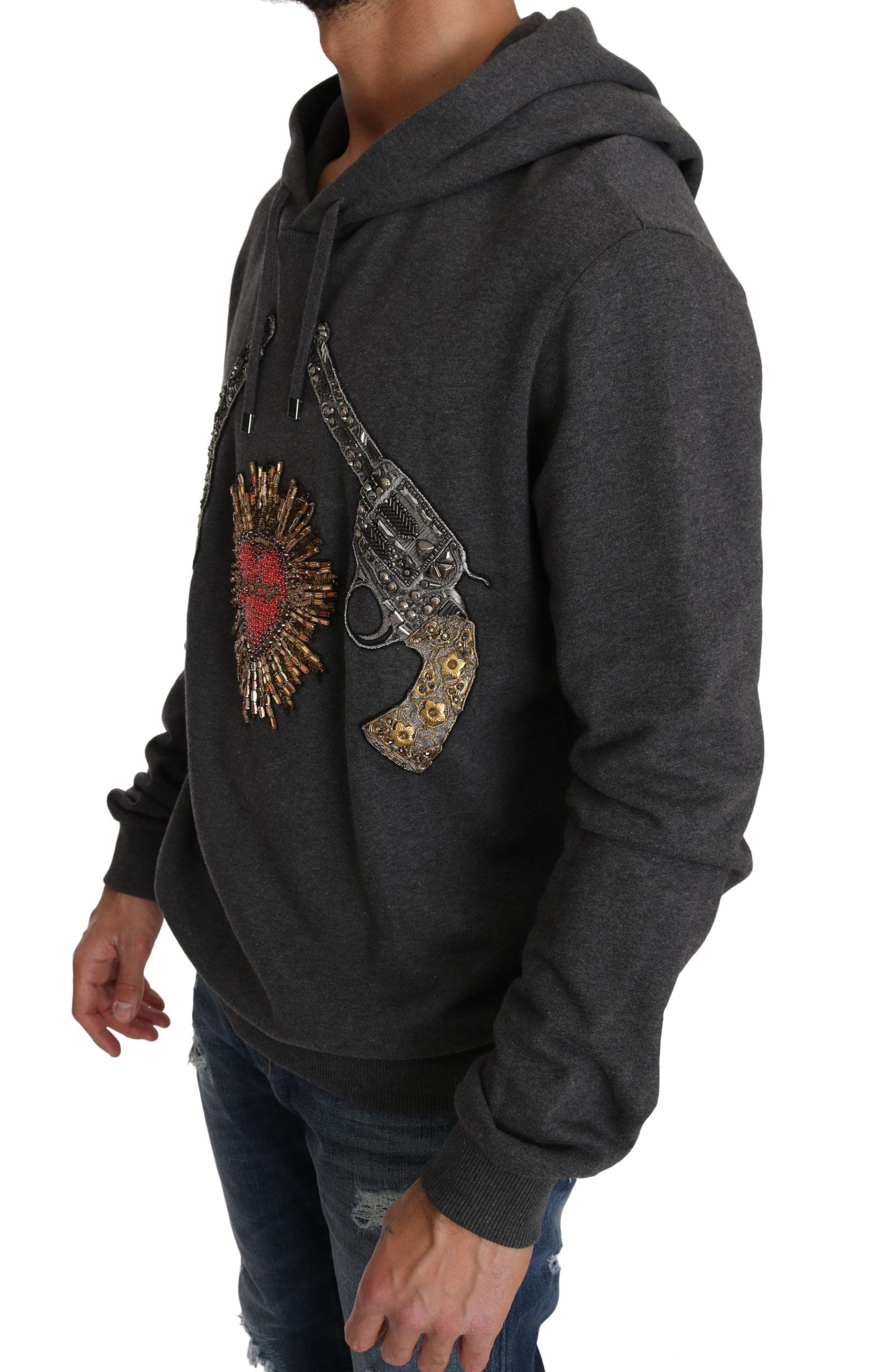 Grauer Pullover mit Kristallherz-Pistolenmotiv