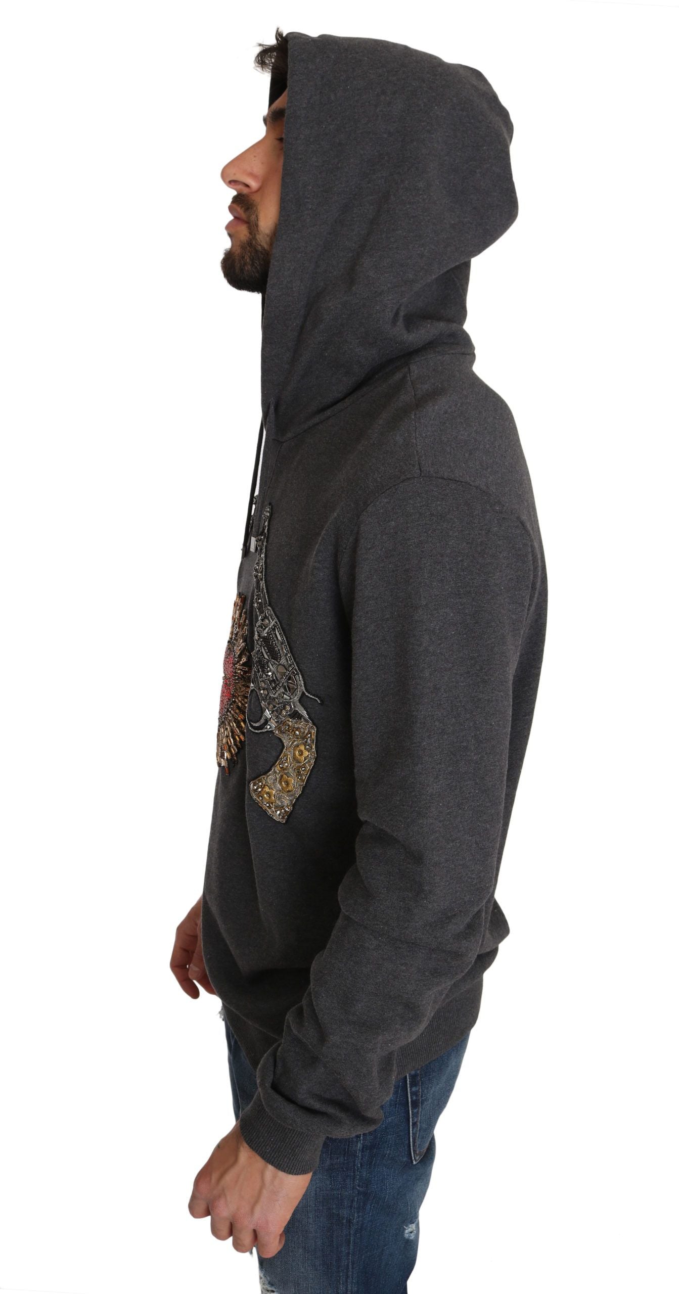 Grauer Pullover mit Kristallherz-Pistolenmotiv